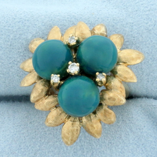 Jade And Diamond Flower Ring In 14k Yellow Gold