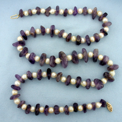 24 Inch Pearl and Amethyst Bead Necklace with 10k Yellow Gold Clasp