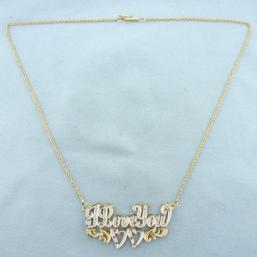 Diamond and Pink Sapphire "I Love You" Heart Necklace in 14k Yellow and White Gold
