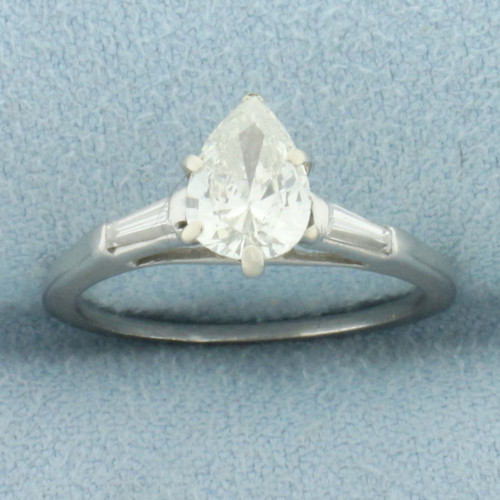 Pear and Baguette Diamond Engagement Ring in 14k White Gold