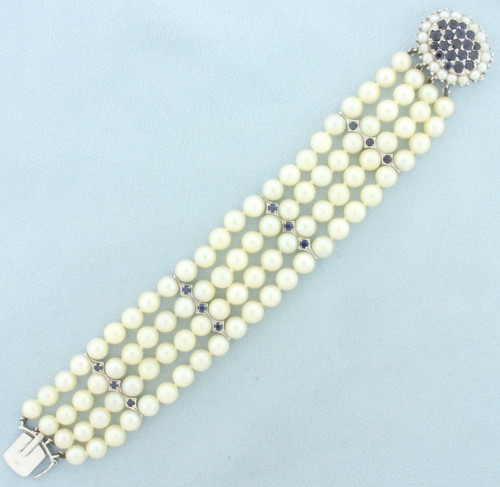 Vintage Sapphire and Cultured Akoya Pearl Bracelet in 14k White Gold