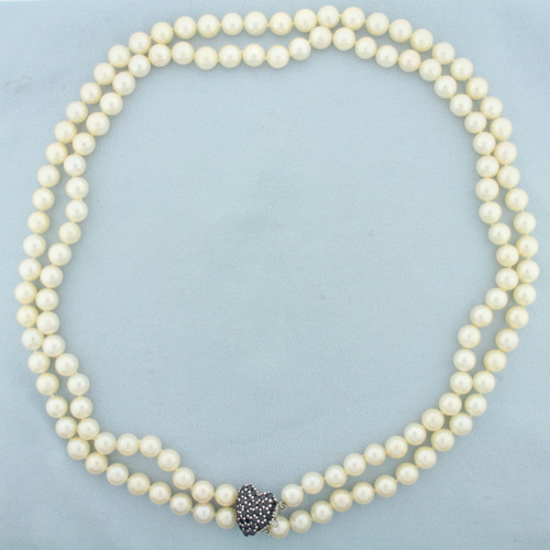Vintage Sapphire Heart Akoya Pearl Necklace in 14k White Gold