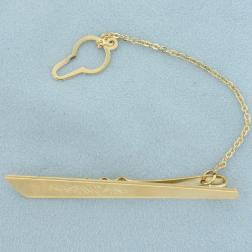 Vintage Engraved Tie Bar Clip with Chain in 18k Yellow Gold