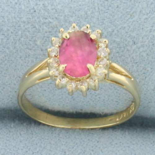 Morganite and Diamond Halo Princess Diana Ring in 14k Yellow Gold
