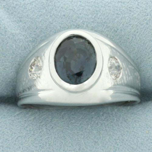 Mens Teal Sapphire and Old European Cut Diamond Ring in 14k White Gold
