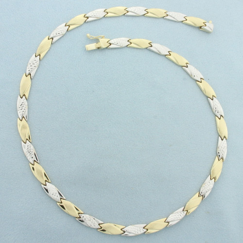 17 Inch Two Tone Diamond Cut Designer Link Necklace in 14k Yellow and White Gold