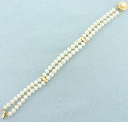 Double Pearl Strand Bracelet in 14k Yellow Gold