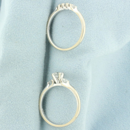 Diamond 3-Stone Engagement Ring and Matching Wedding Band Bridal Set in 14k White Gold