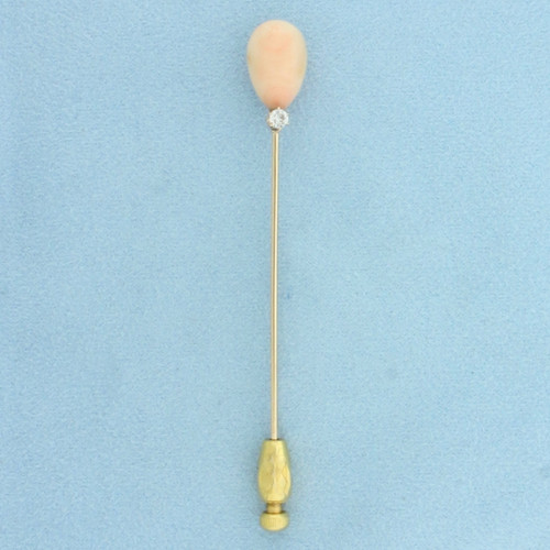 Vintage Angel Skin Pink Coral and Diamond Stick Pin in 14k Yellow Gold