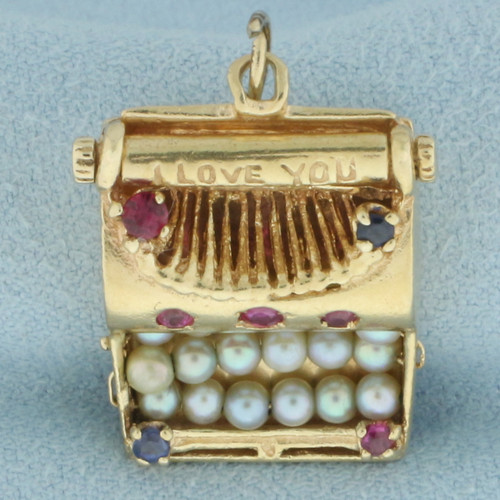 I Love You Gemstone Typewriter Charm or Pendant in 14k Yellow Gold