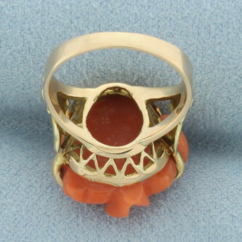 Antique Carved Red Coral Pinky Ring in 10k Rose Gold