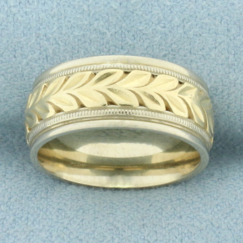 Designer Diana Leaf Nature Design Wedding Band Ring in 14k White and Yellow Gold