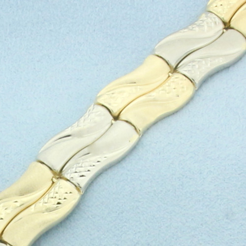 Diamond Cut Wave Design Bar Bracelet in 14k Yellow and White Gold