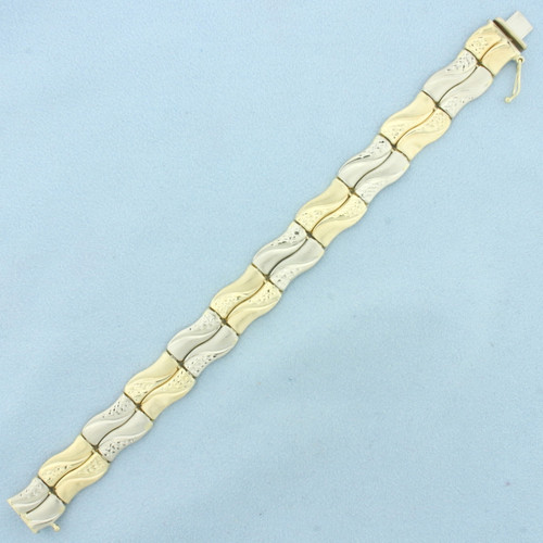Diamond Cut Wave Design Bar Bracelet in 14k Yellow and White Gold