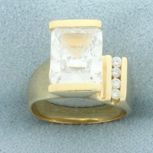 Radiant CZ and Diamond Ring in 14k Yellow Gold
