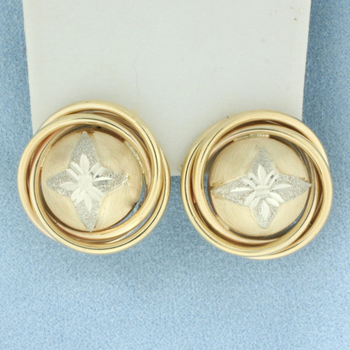 Diamond Cut Star Button Earrings in 14k Yellow and White Gold