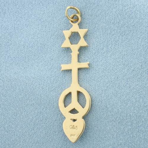 Star of David Cross Peace Sign Heart Pendant in 14k Yellow Gold
