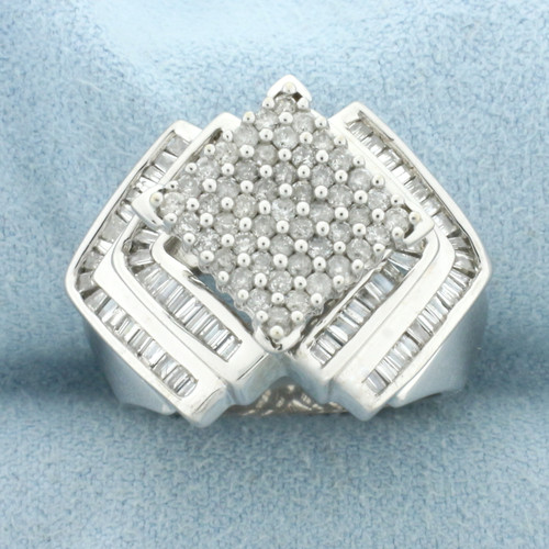 Round and Baguette Diamond Statement Ring in 14k White Gold