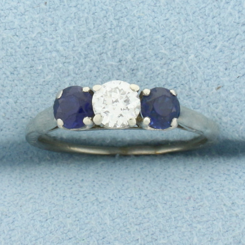 Diamond and Sapphire 3-Stone Ring in 14k White Gold