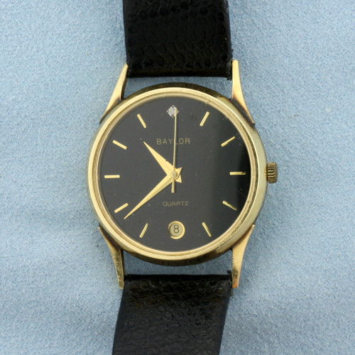 Vintage Mens Baylor Diamond Quartz Watch in Solid 14k Yellow Gold Case