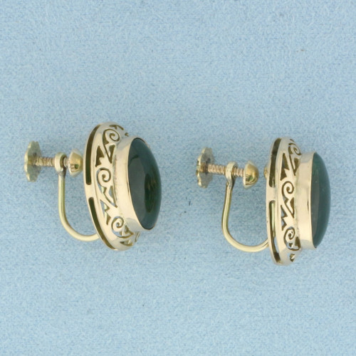 Vintage Jade Screw Back Non Pierced Ears Filigree Earrings in 14k Yellow Gold