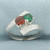Green  and Red Garnet Toi et Moi Ring in 14k White Gold