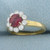 Vintage Rubellite and Diamond Halo Ring in 18k Yellow Gold