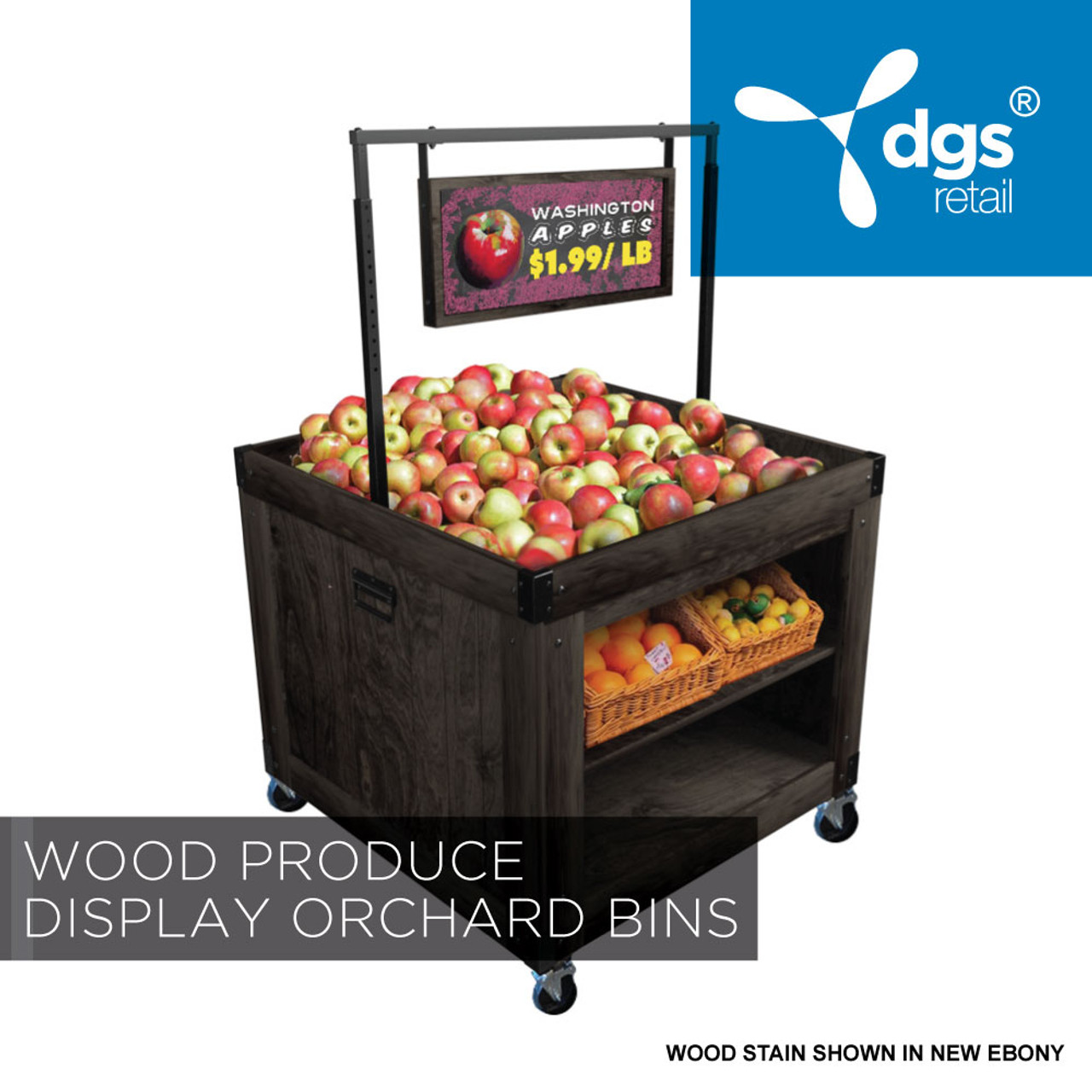 Rolling Wooden Produce Display Bins with Chalkboard Signs DGS Retail