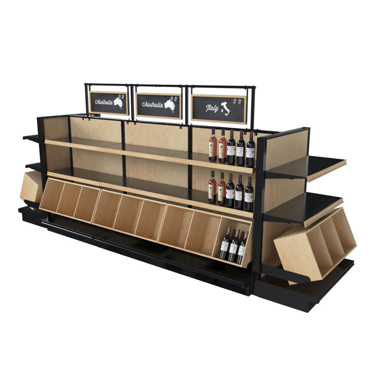 Liquor & Wine Store Wood Gondola Unit With 16 Shelves