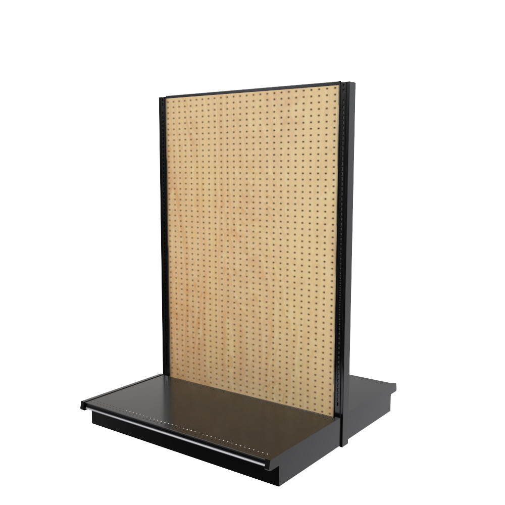 Lozier Gondola Shelving, Black and Woodgrain Pegboard Island Display