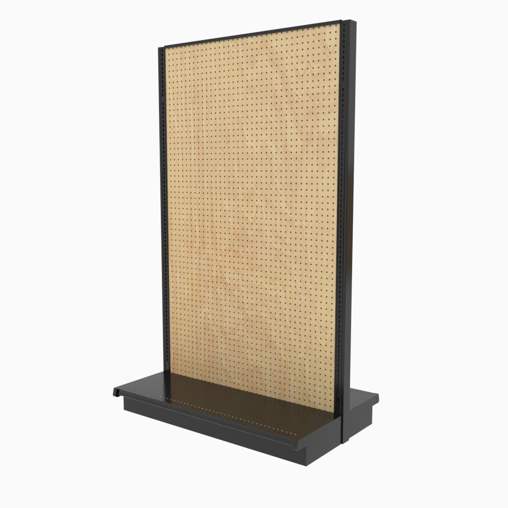 Lozier Gondola Shelving, Black and Woodgrain Pegboard Island Display