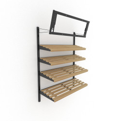 Lozier wall display system 48W x 48H featuring four angled wood slat shelves and a top-mounted black metal sign holder frame for bakery bread merchandising.