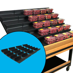 Produce display riser in five-step tiered format, shown as a complete kit of four with cartons of berries on top of the completed display.