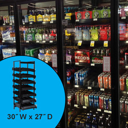 Gravity feed shelving rack display, shown in a liquor store setting holding beer bottles and cans in various packaging formats.