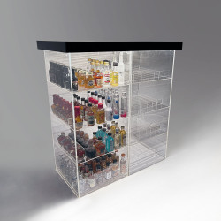 commercial clear acrylic mini liquor 50ml bottle display case for nips, shooters, airplane bottles, vape refills, lotto tickets shown on a checkout counter at a retail convenience store