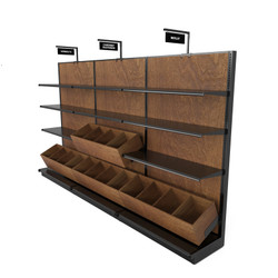 Liquor store rack with gondola shelving and wine bins.