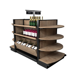 Store island display 8 feet in width showing various bottles of wine.