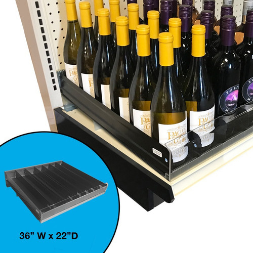 End cap gravity feed shelf with wine bottles shown on gondola shelving unit.