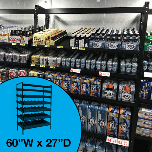 Gravity feed beer cave shelving, shown in beverage cooler with cases and cans.