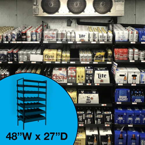 Gravity feed beer cave shelving, shown in beverage cooler with a variety of cases and cans.