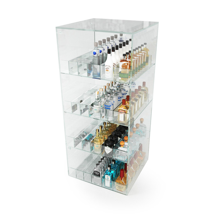 commercial clear acrylic mini liquor 50ml bottle display case for nips, shooters, airplane bottles, vape refills, lotto tickets that's used at retail convenience stores on top of checkout counters