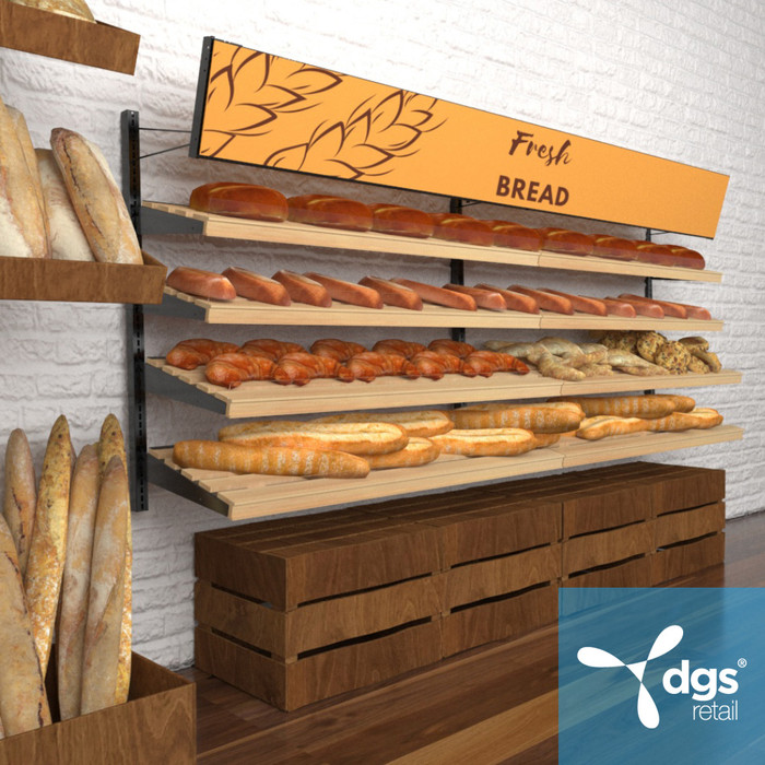 Bakery Wall Display Racks for Sale With Wood Slat Shelves & Bins