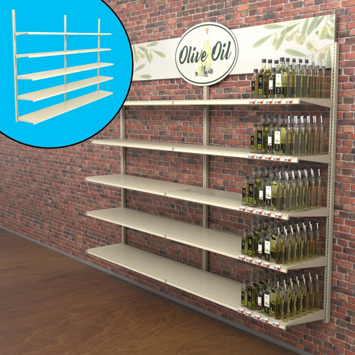 Retail wall display shown in liquor store configuration with shelves, bottles, and signage.