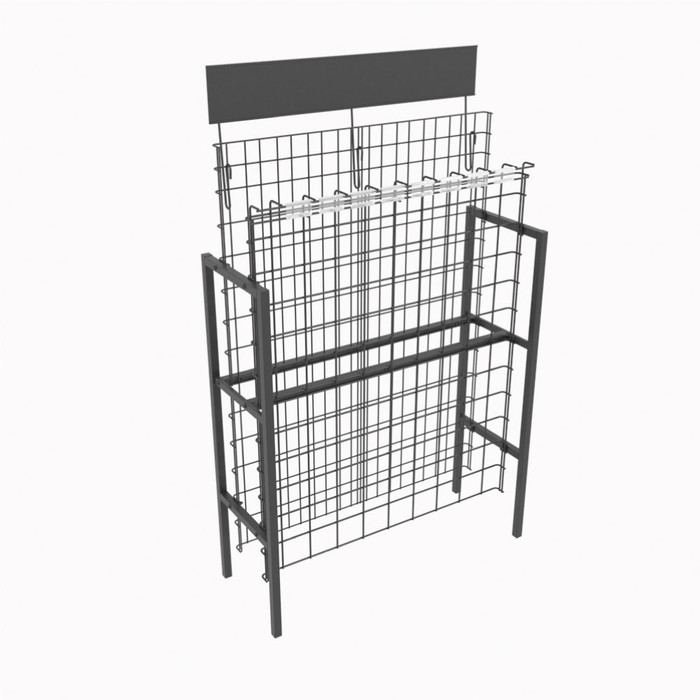 commercial wire wine rack display for convenience stores made of black wire and steel tubes with sign holders