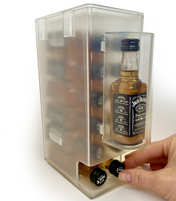 mini liquor 50ml bottle dispenser display used for nips, shooters and airplane bottles on top of checkout counters at retail convenience stores