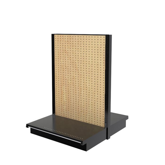Lozier Gondola Shelving, Black and Woodgrain Pegboard Island Display
