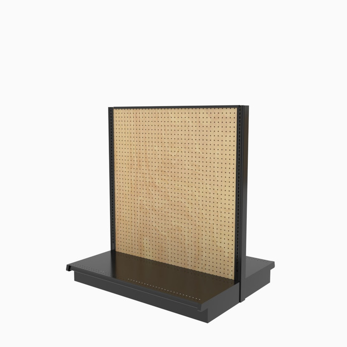 Lozier Gondola Shelving, Black and Woodgrain Pegboard Island Display
