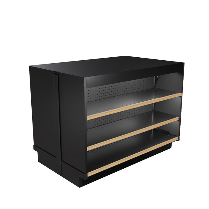 Retail checkout counter double sided unit with shelves starter and add on for use at convenience stores, gas stations and liquor stores