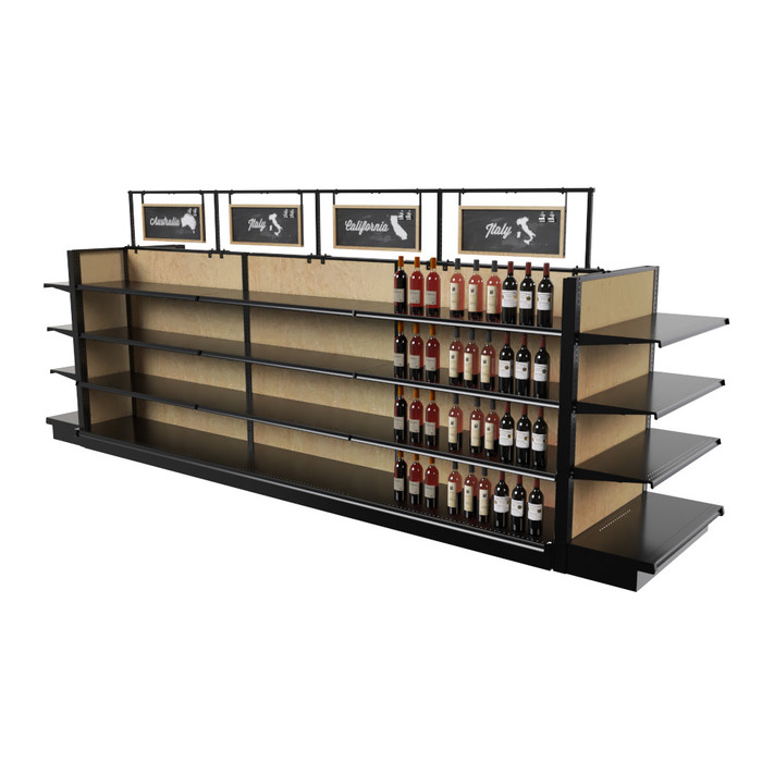 Black Liquor Store Shelving Island Display With 32 Shelves