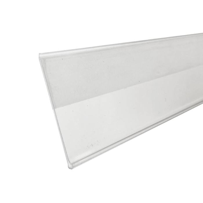 Clear plastic Shelf Edge Label Holder with an Adhesive back displaying price tags and sale signs at retail convenience stores